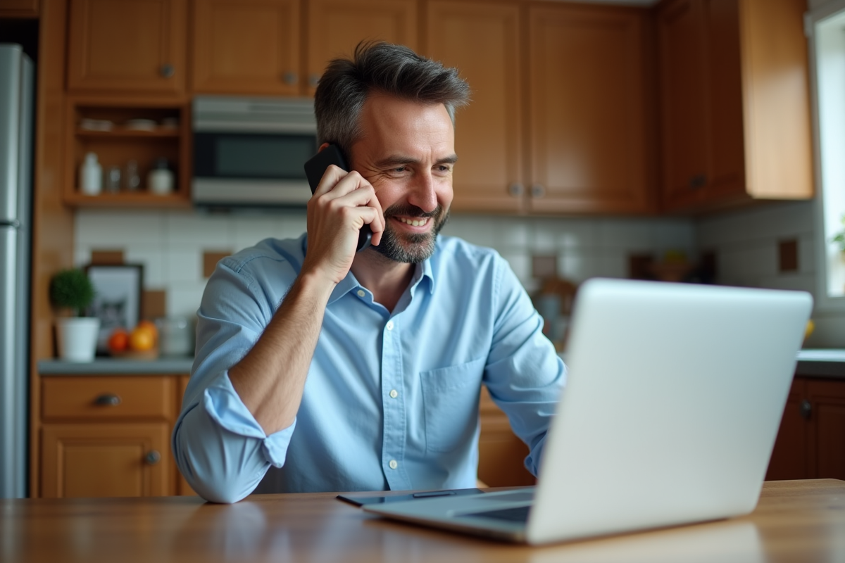 Homme au téléphone négociant un prêt immobilier à la maison