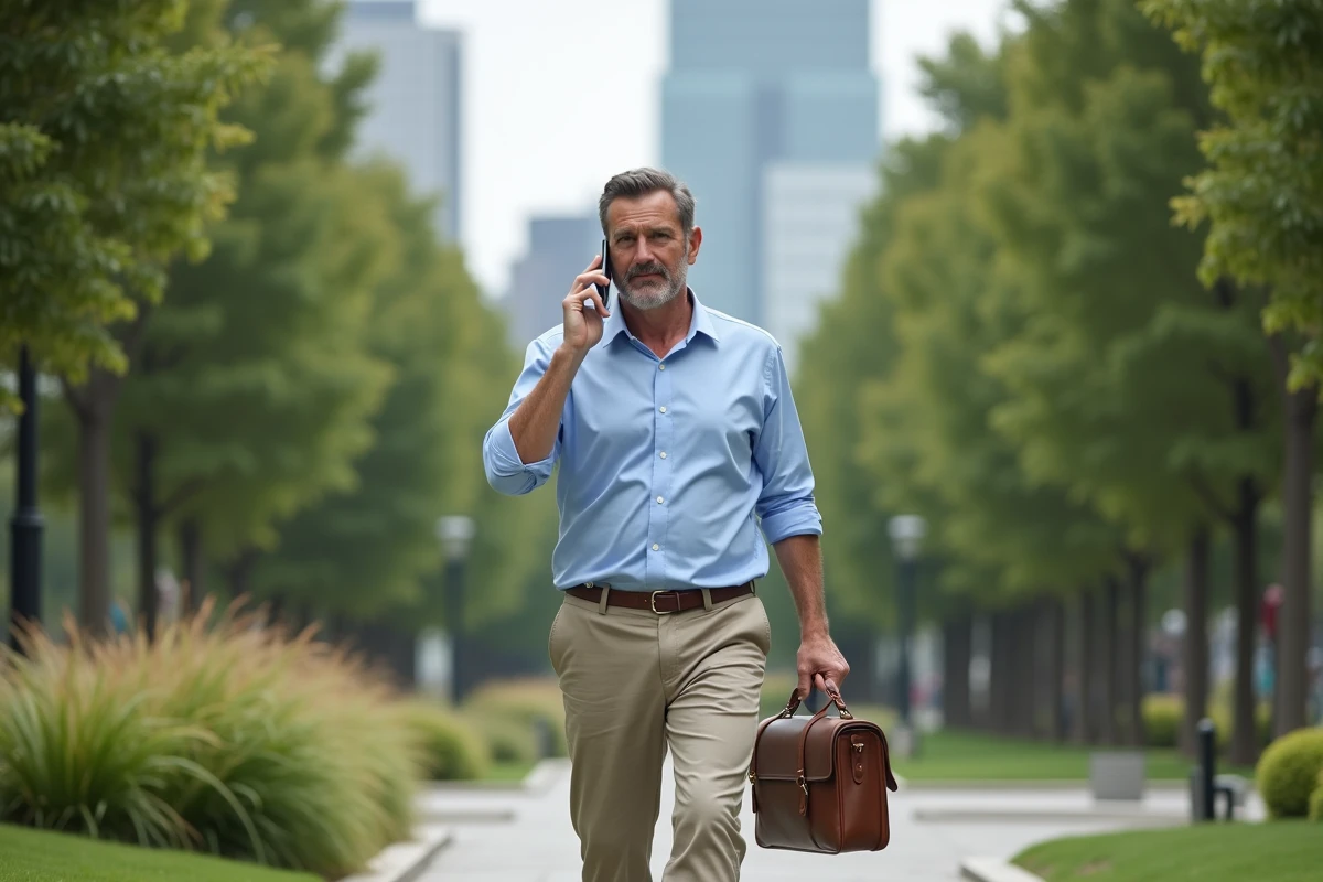 Homme d affaires marchant dans un parc urbain en parlant
