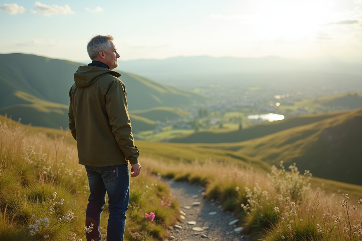 Homme en extérieur contemplant un paysage en hauteur