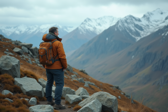 Homme en randonnée sur un plateau rocheux sauvage