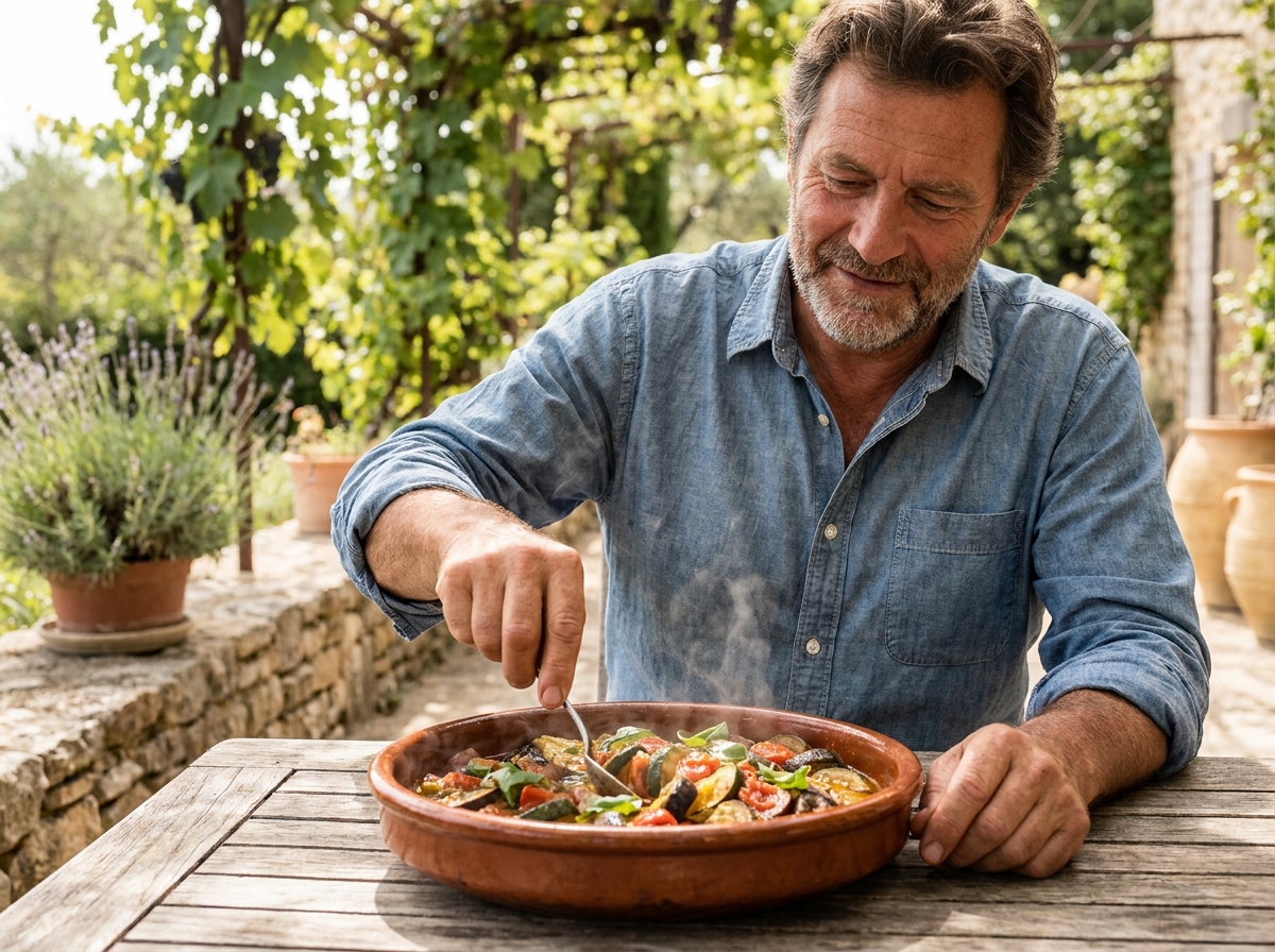Homme en chemise chambray remuant une ratatouille provençale dans un plat en terre cuite sous une pergola de jardin méditerranéen