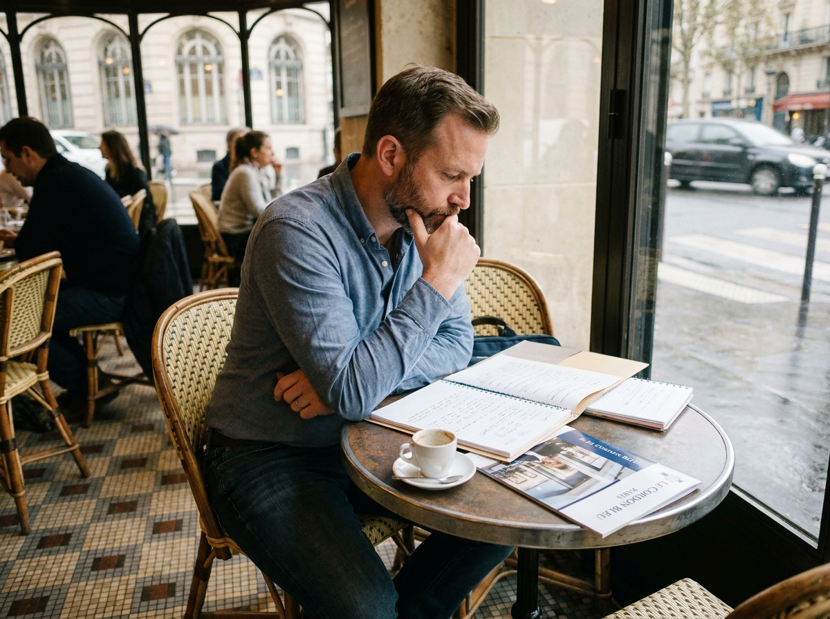 Homme réfléchissant à sa reconversion professionnelle vers la cuisine dans un café parisien typique