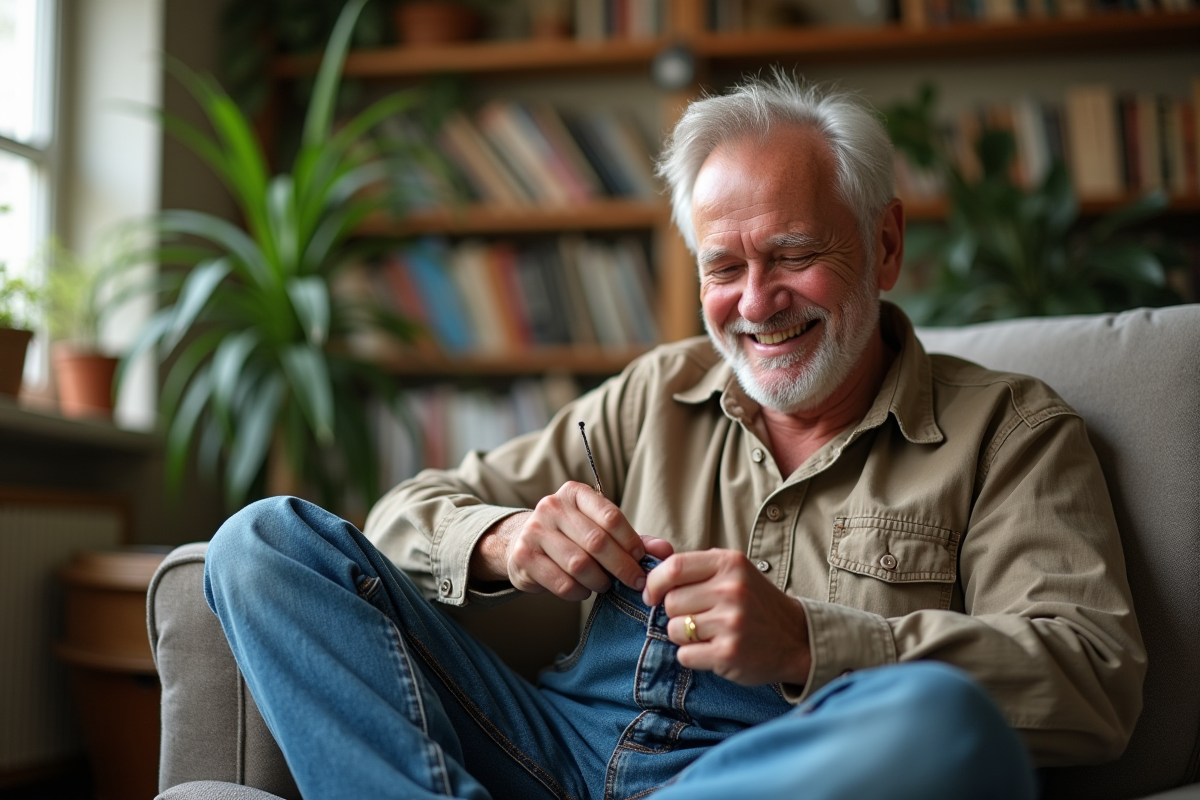 Homme âgé réparant un jean dans un salon lumineux