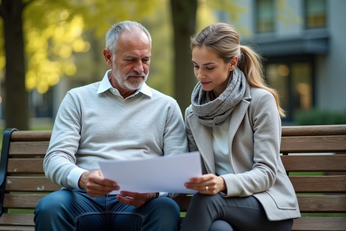 Homme lit un rapport financier dans un parc urbain