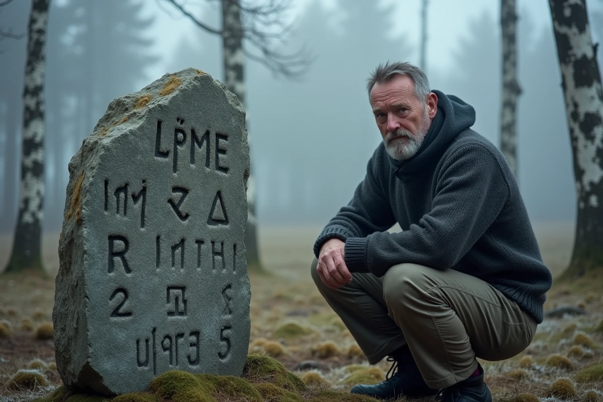 Homme en pull en laine examinant un rocher de granit gravé de runes Elder Futhark dans un paysage nordique brumeux et forestier