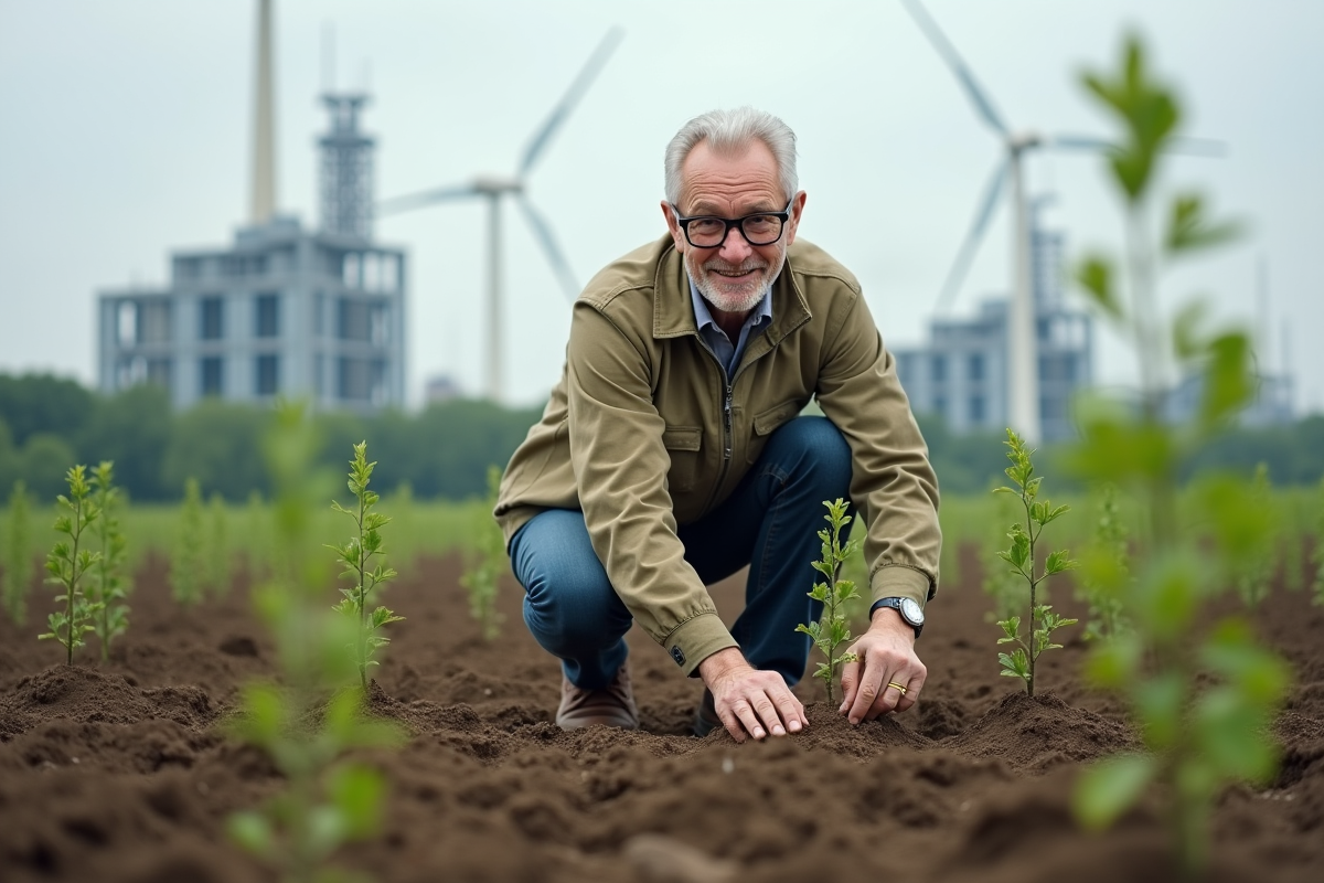 Homme âgé plantant des jeunes arbres en extérieur