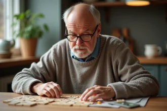 Homme d'âge moyen jouant au Scrabble dans la cuisine