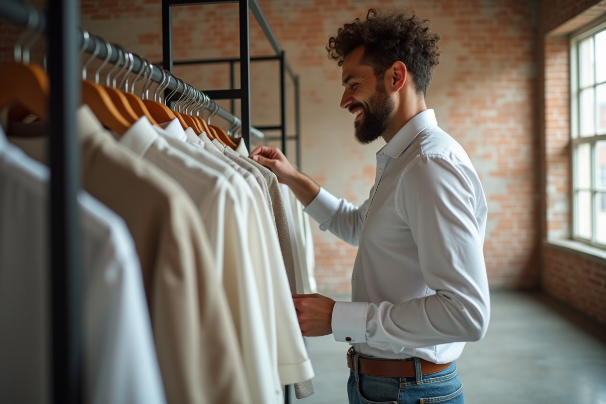 Homme choisissant une chemise dans un loft urbain lumineux
