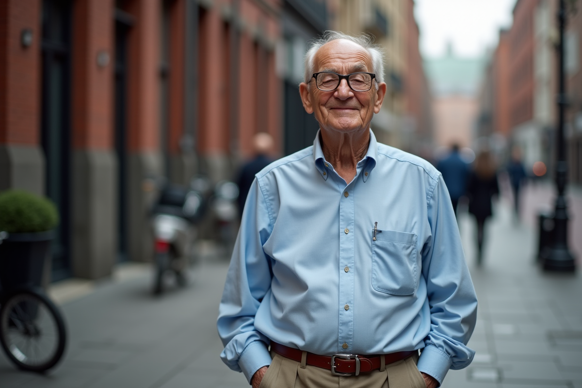 Homme âgé souriant calmement dans la rue urbaine