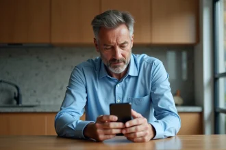 Homme d'âge moyen avec smartphone dans une cuisine moderne