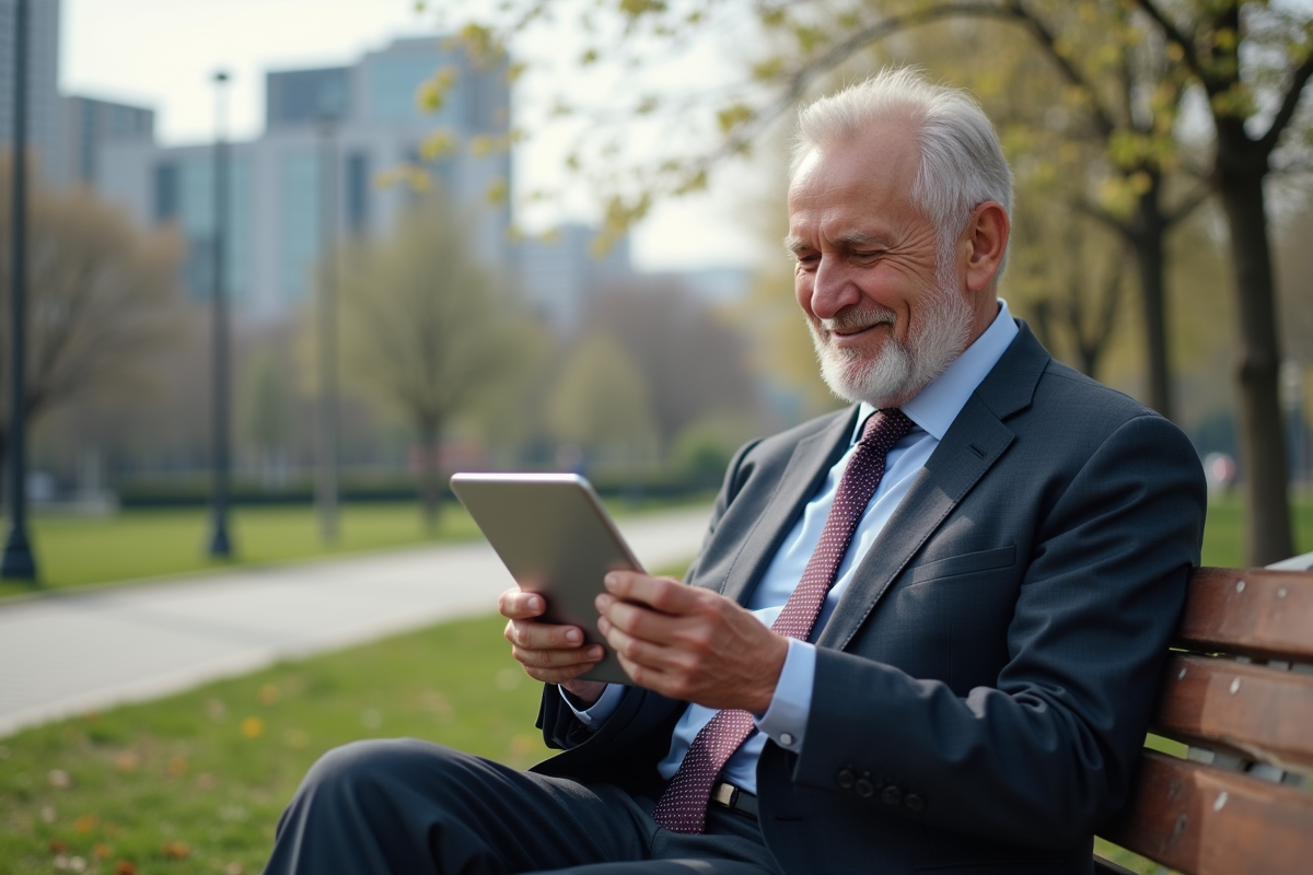 Homme d age avance sur un banc de parc avec tablette
