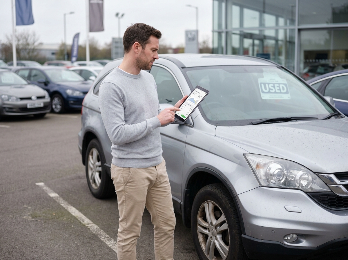 Homme consultant une application de leasing sur tablette devant un SUV d'occasion dans un parking de concession automobile