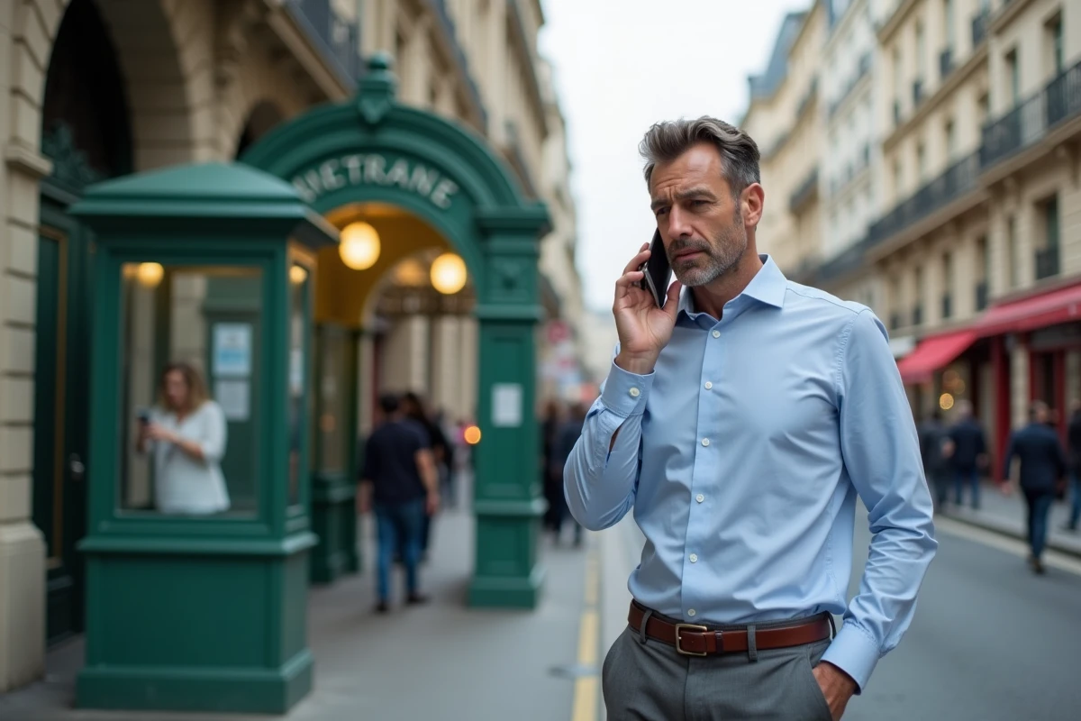 Homme en costume décontracté téléphonant devant une entrée de métro parisien après un retard de transport RATP