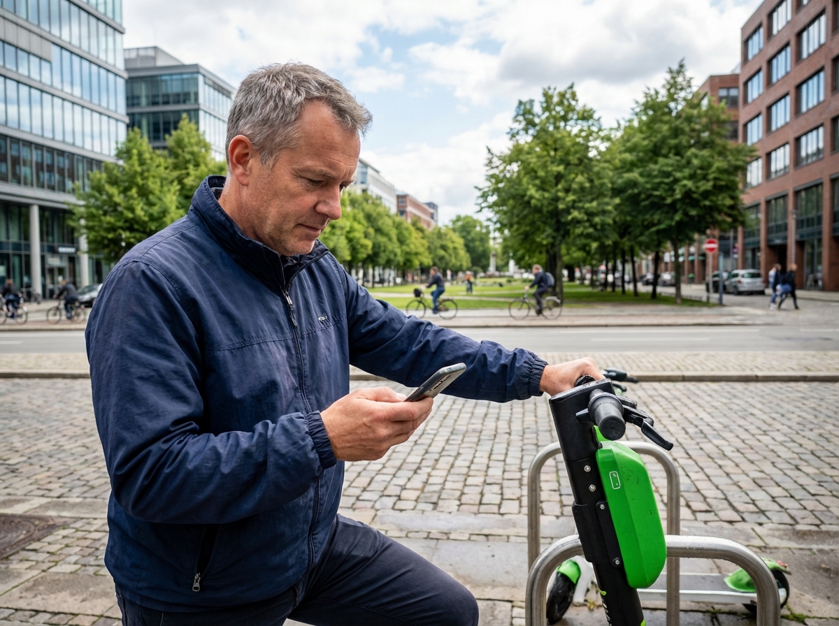 Homme en windbreaker déverrouillant scooter en ville