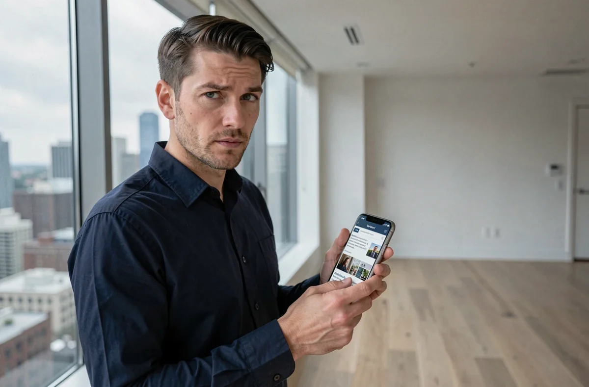 Homme consultant un site internet sur smartphone avec un regard méfiant, appartement moderne en arrière-plan