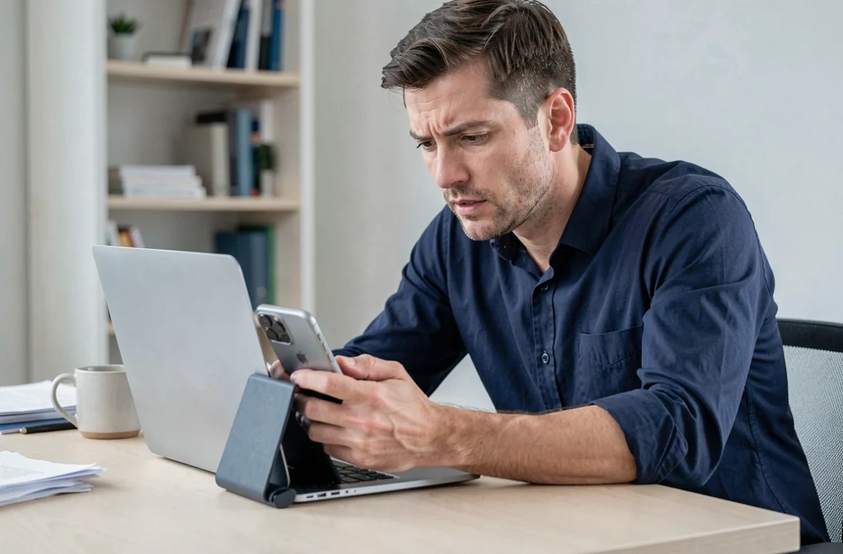 Homme concentré analysant un site web douteux sur mobile et ordinateur portable dans un bureau à domicile