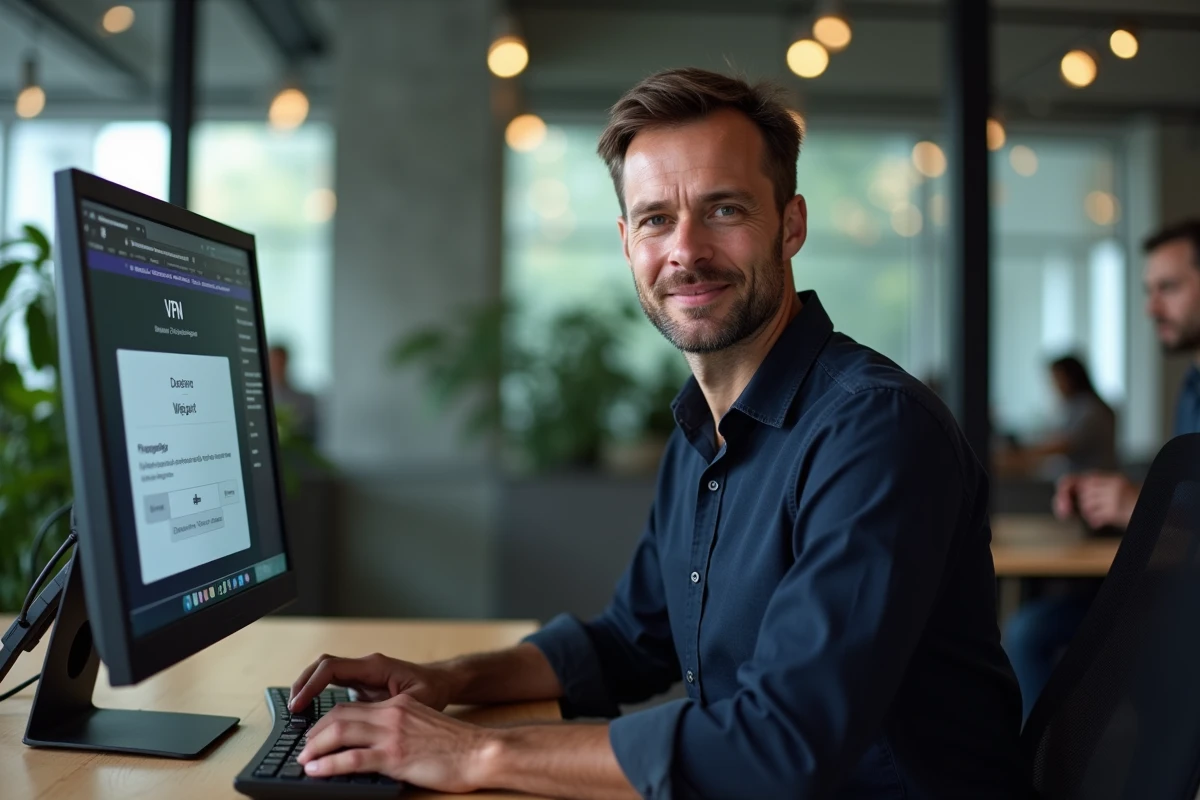 Homme utilisant un VPN sur son ordinateur de bureau pour débloquer l'accès à 1jour1film dans un espace coworking