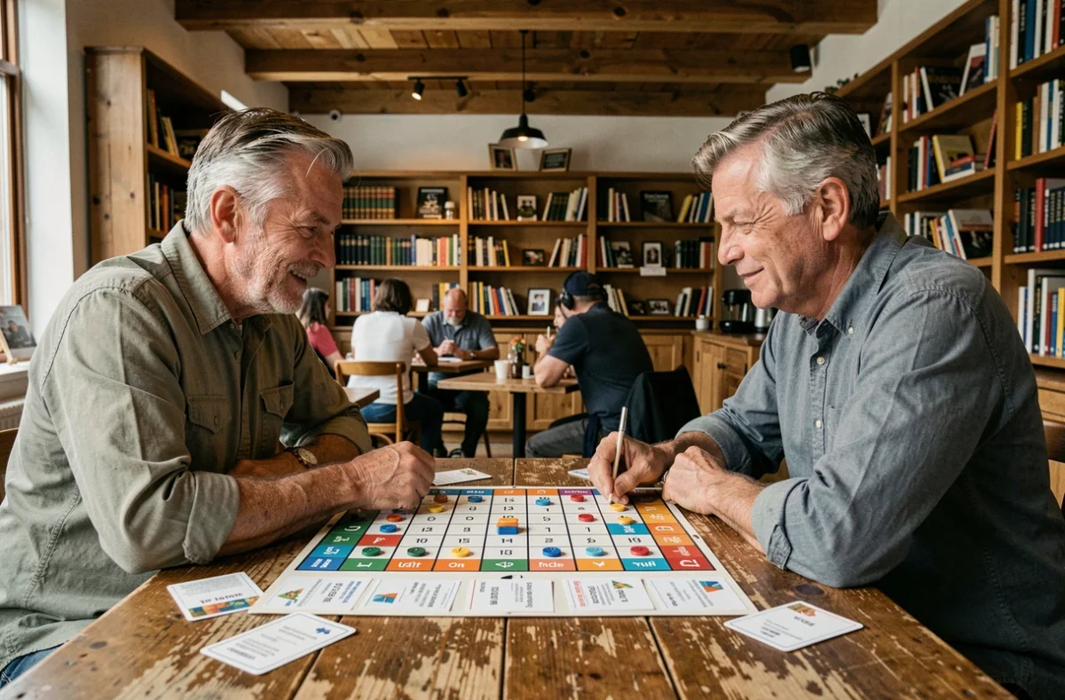Deux hommes jouant à un jeu de vocabulaire pédantique dans un café comme exercice cognitif