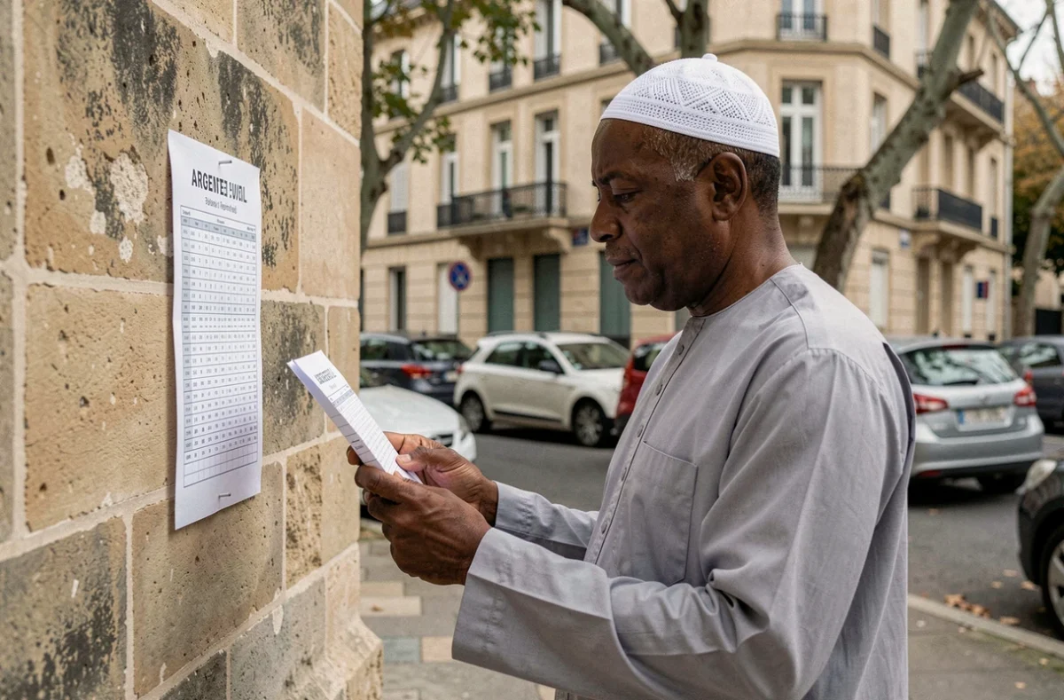 Homme consultant les horaires de prière affichés sur le mur d'une mosquée à Argenteuil