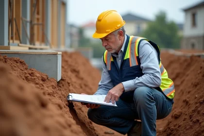 Ingénieur en géotechnique inspectant une tranchée de fondation sur un chantier résidentiel avant le coulage du béton