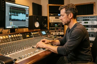 Ingénieur du son ajustant les niveaux de décibels sur une console de mixage professionnelle en studio d'enregistrement