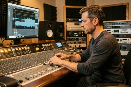 Ingénieur du son ajustant les niveaux de décibels sur une console de mixage professionnelle en studio d'enregistrement