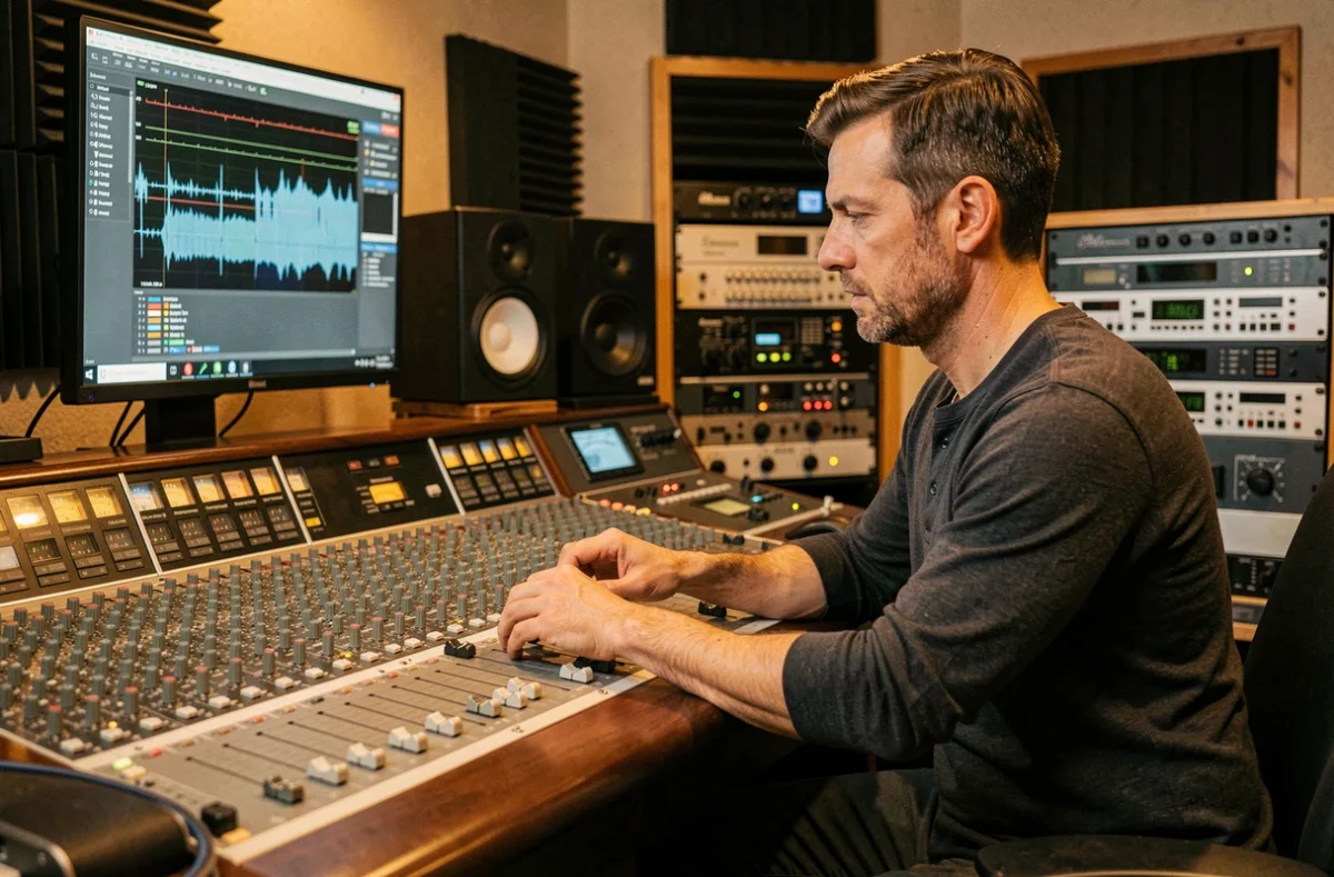 Ingénieur du son ajustant les niveaux de décibels sur une console de mixage professionnelle en studio d'enregistrement