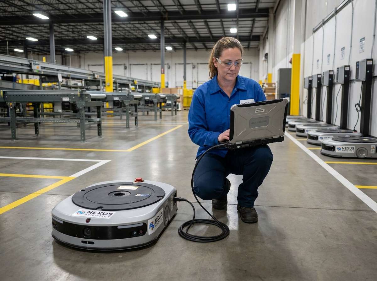 Ingénieure logistique effectuant un diagnostic sur un robot mobile autonome AMR dans un centre de distribution automatisé