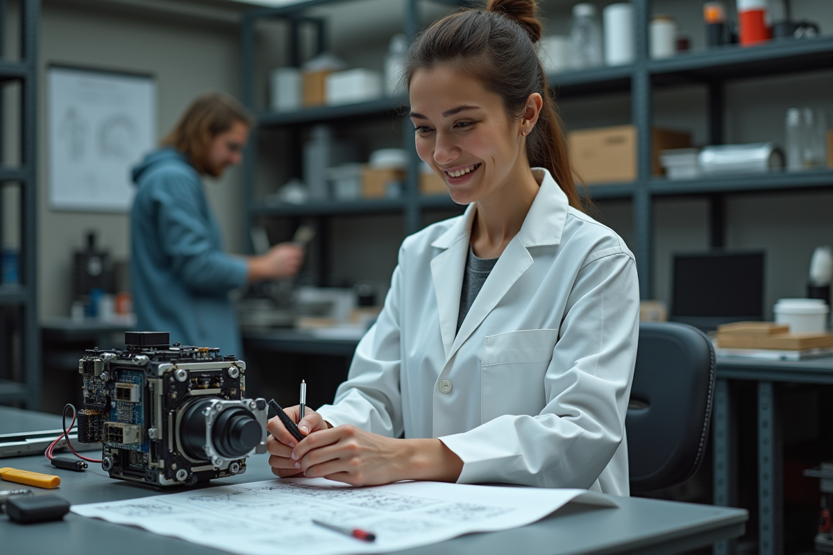 Ingénieure assemblant un composant mécanique dans un atelier