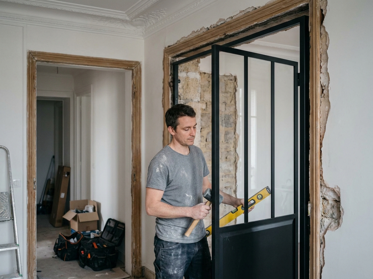 Pose d'une porte verrière battante par un particulier dans un appartement haussmannien sans gros travaux de maçonnerie