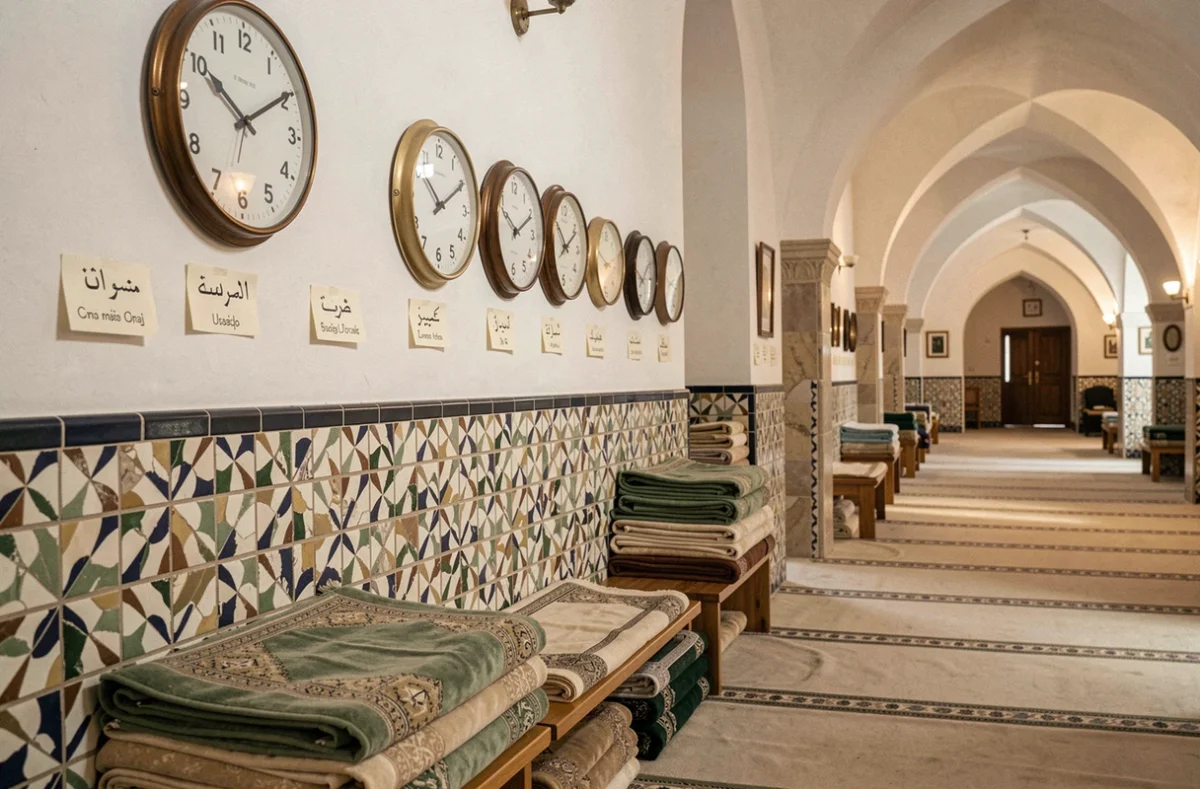 Intérieur d'une salle de prière avec horloges indiquant les cinq heures de prière dans une mosquée française