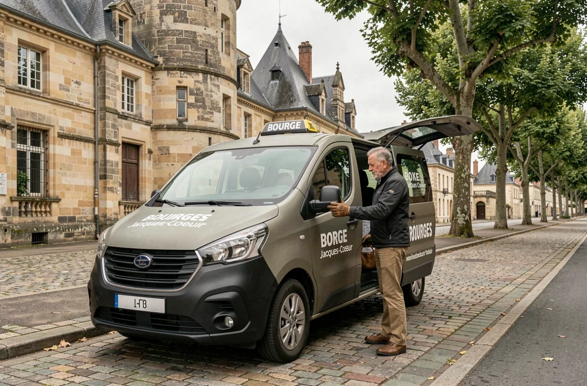 Véhicule de transport Jacques Coeur Transport garé devant le Palais Jacques-Cœur à Bourges