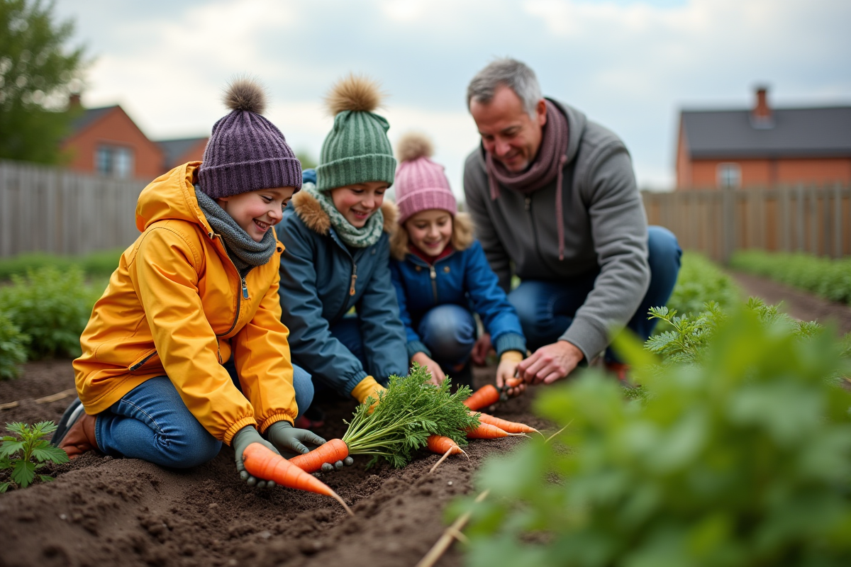 Enfants et adultes récoltant des légumes dans un jardin