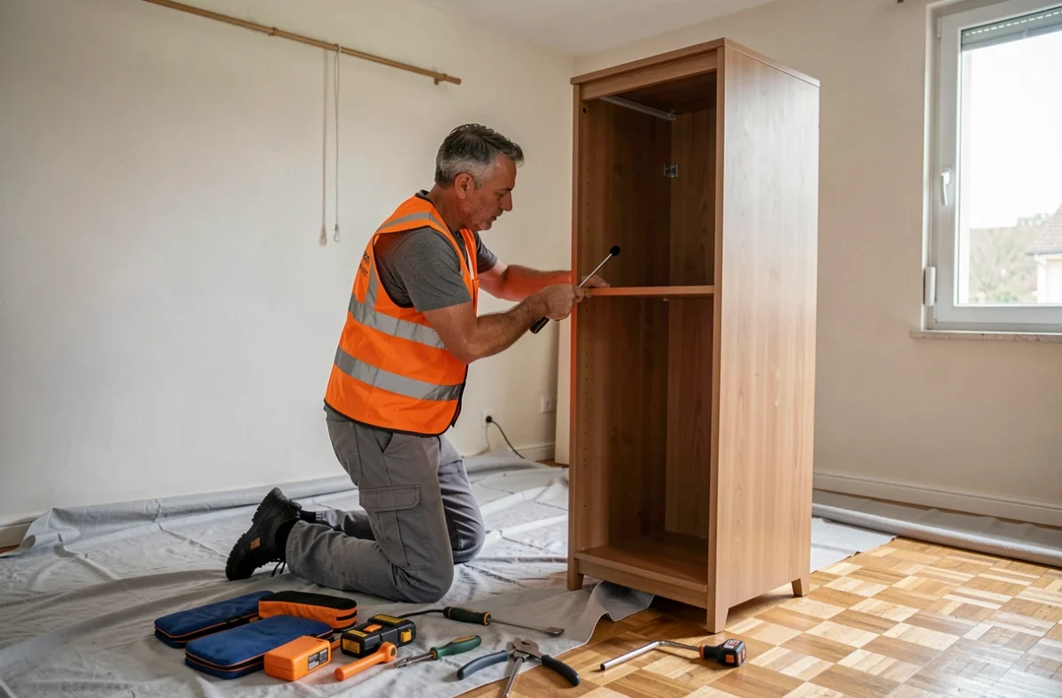 Déménageur Jean Pinheiro démontant une armoire en bois dans une chambre d'appartement à Aubervilliers