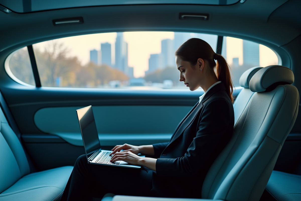 Jeune femme travaillant dans une voiture autonome futuriste