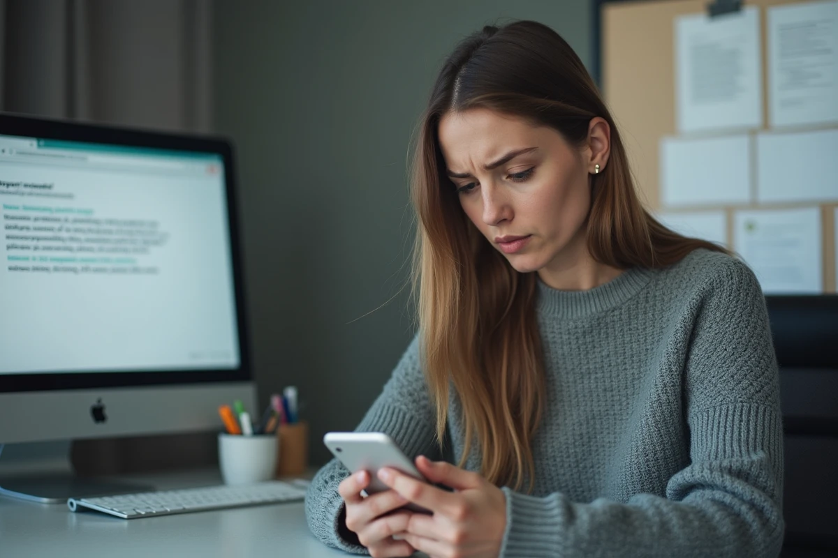 Jeune femme au bureau regardant son téléphone avec frustration
