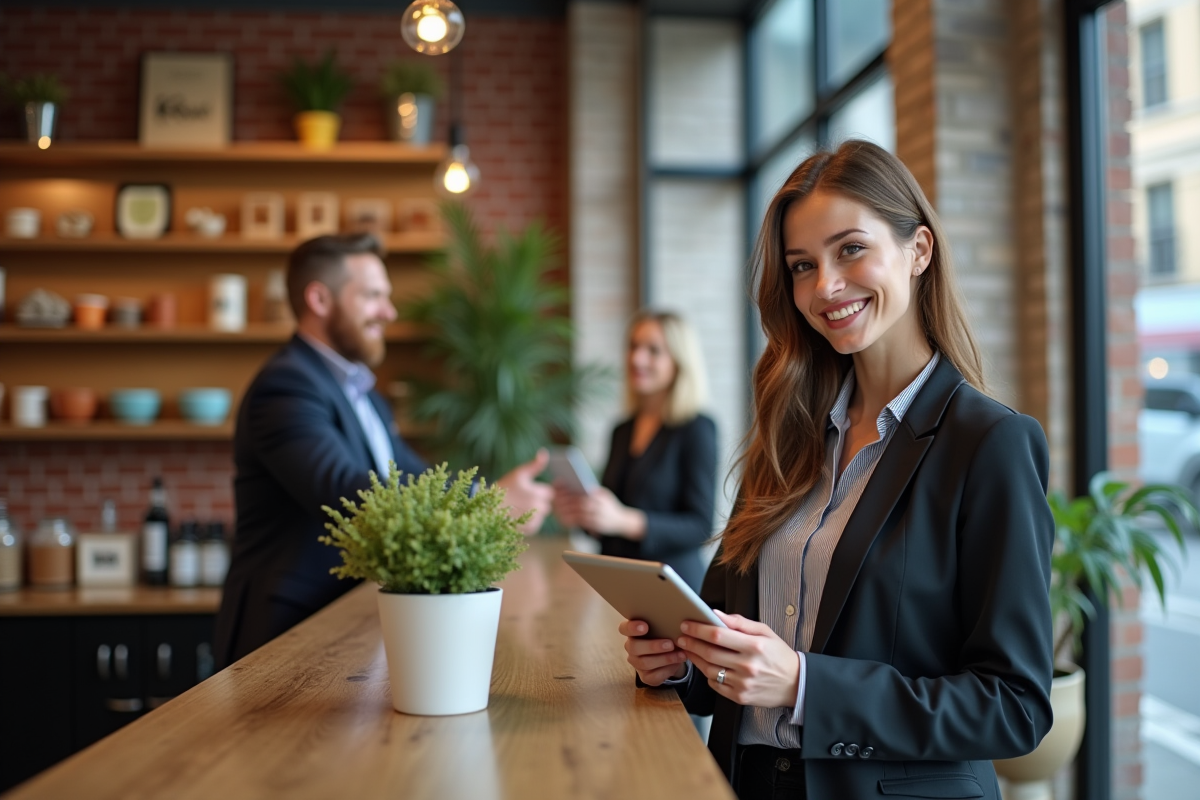 Jeune femme entrepreneure devant son comptoir dans une boutique moderne