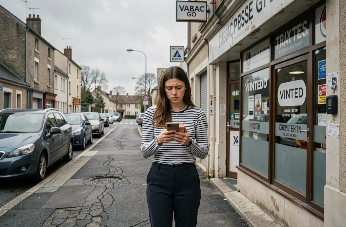 Jeune femme devant un point relais Vinted Go en devanture de tabac dans une rue d'Aulnay-sous-Bois
