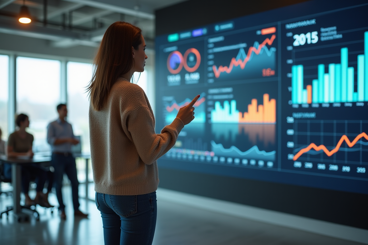 Jeune femme en sweater beige montre des graphiques économiques