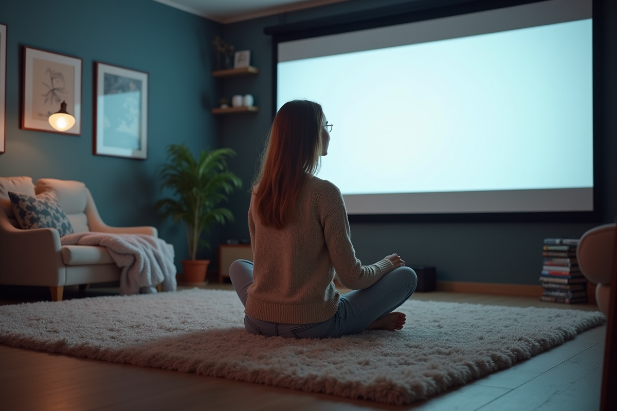 Jeune femme regardant un écran de projection dans un salon chaleureux