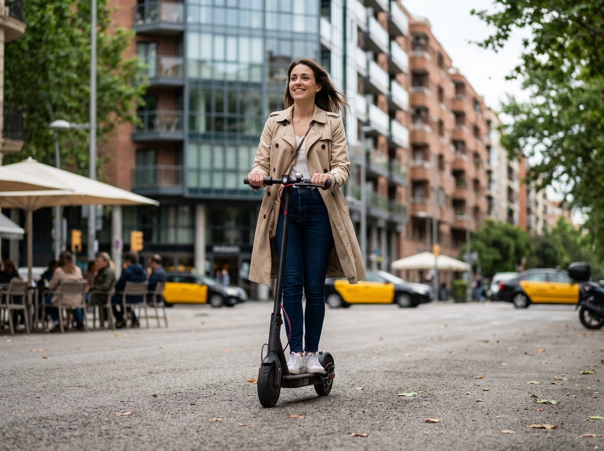 Jeune femme en trench et jeans sur scooter en ville