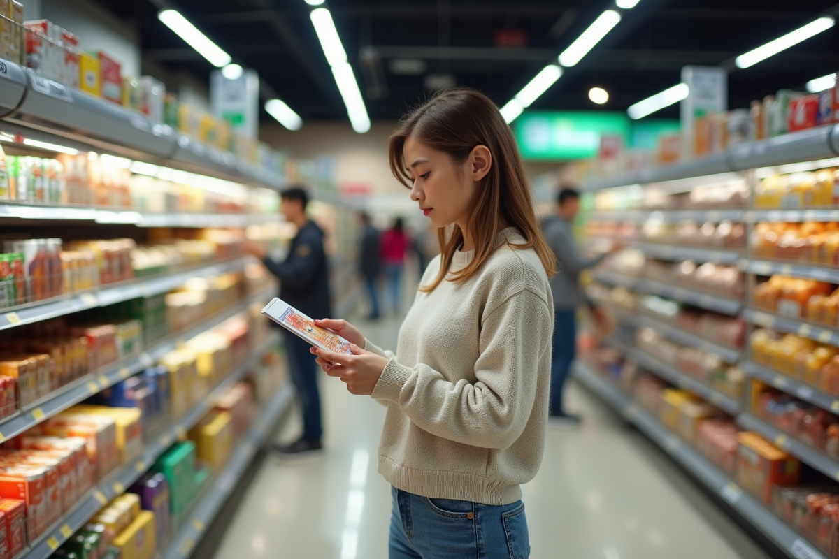 Jeune femme compare des prix dans un supermarché