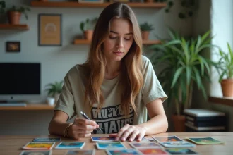 Jeune femme analysant des cartes à jouer colorées en intérieur