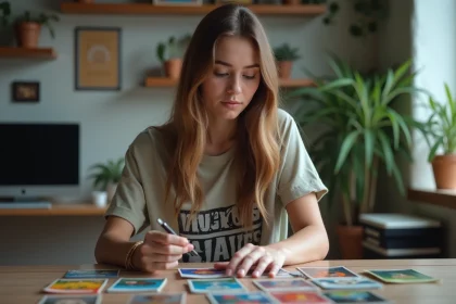 Jeune femme analysant des cartes &agrave; jouer color&eacute;es en int&eacute;rieur