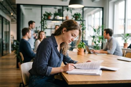 Jeune femme concentrée lisant des documents au bureau