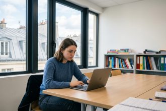 Jeune femme en sweater bleu travaillant sur un laptop en classe