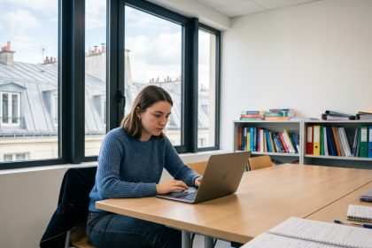 Jeune femme en sweater bleu travaillant sur un laptop en classe