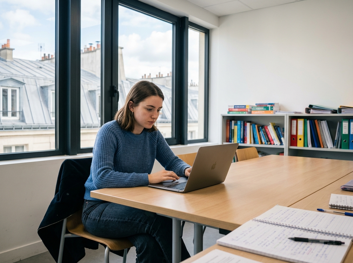 Jeune femme en sweater bleu travaillant sur un laptop en classe