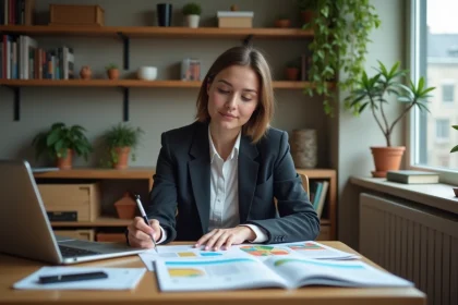 Jeune femme en blazer et jeans &agrave; son bureau avec documents