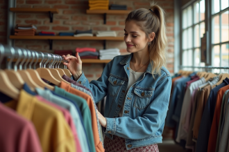 Jeune femme en vintage denim dans une friperie chaleureuse